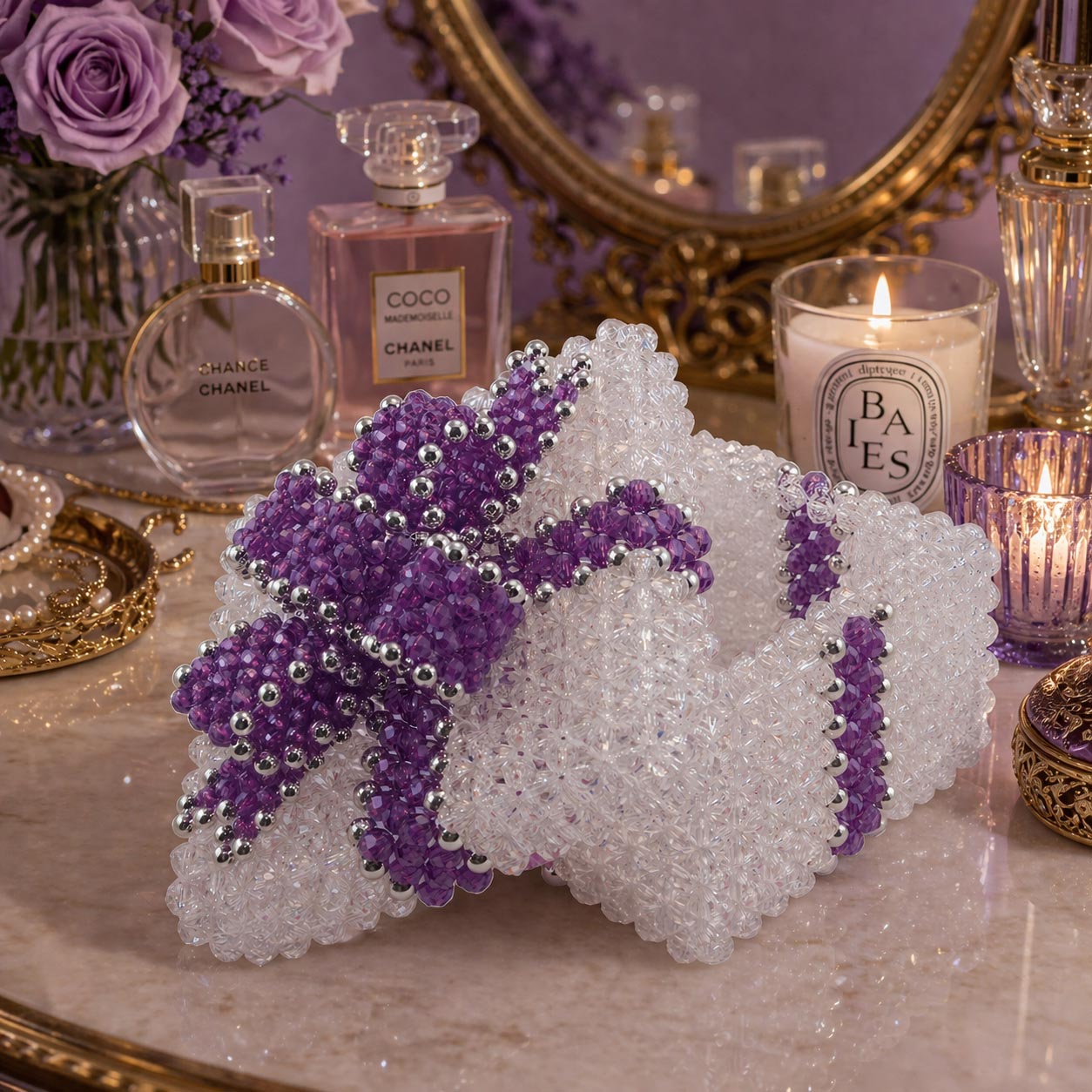 Crystal Beaded Box with Purple Beaded Bow on a Vanity Reduces Clutter
