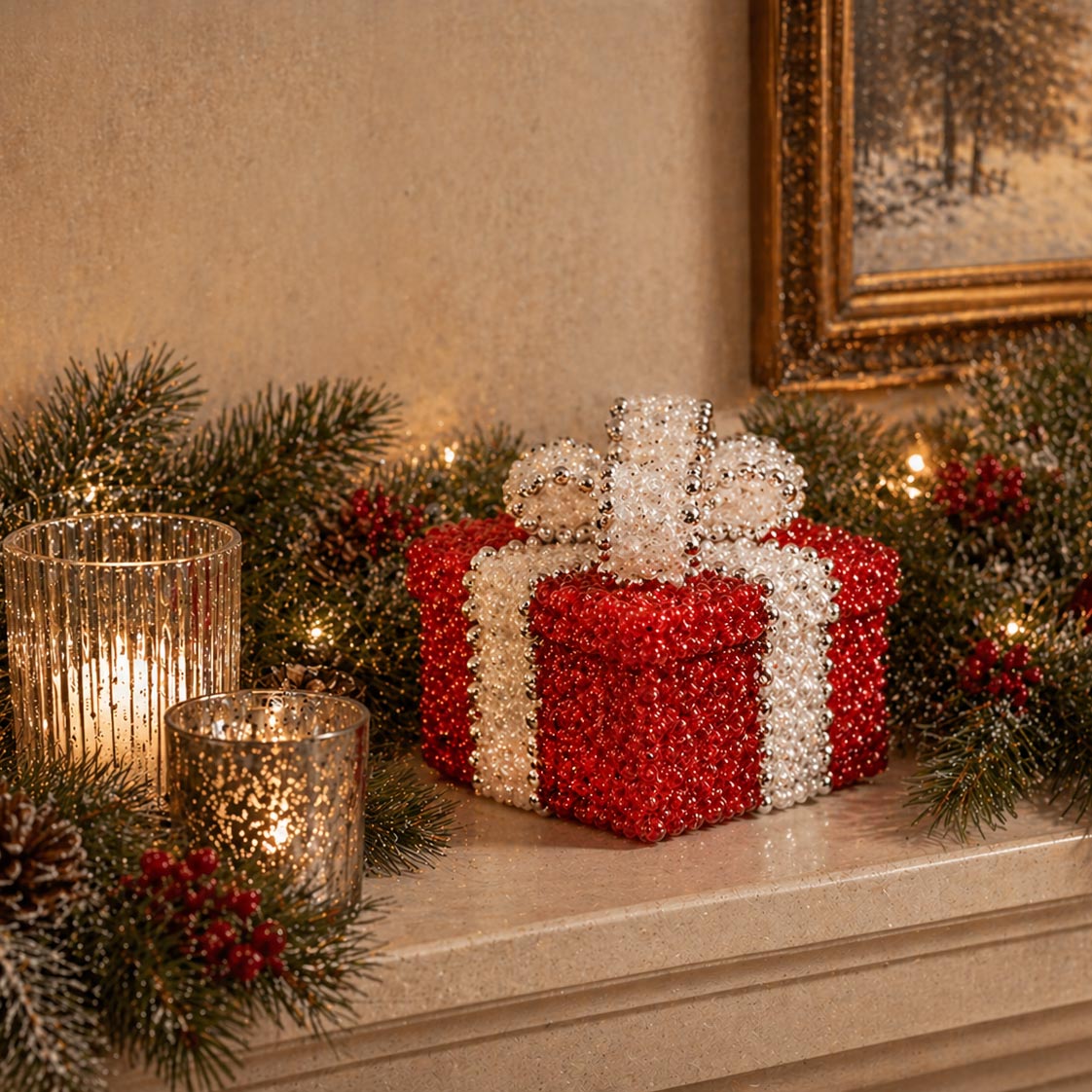 Red Beaded Box with Crystal Bow on a Decorated Mantle