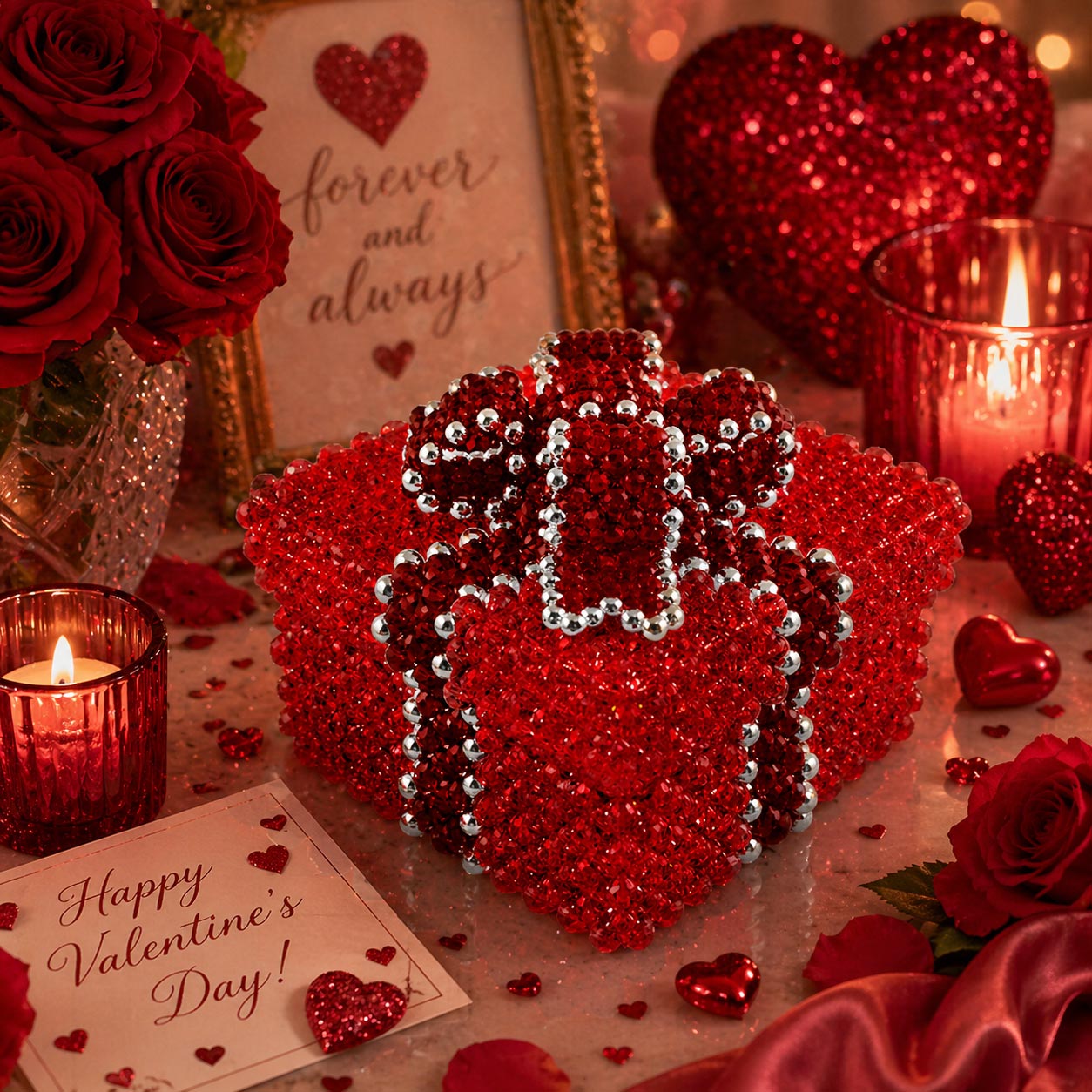 Crystal Beaded Box with Pink Bow for Valentine's Decorating