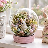 Easter bunny fillable ornament craft idea featuring spring flowers and miniature Easter decorations for home d�cor and Easter displays.