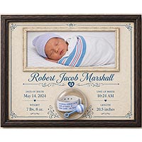 Baby birth announcement keepsake featuring a newborn photo, birth statistics, and fillable ornament hospital bracelet display for nursery d�cor and family gifts.
