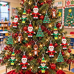 Classroom Christmas tree decorated with easy pony bead ornaments made by kids. Fun school Christmas craft with free Santa pattern and easy to follow instructions.