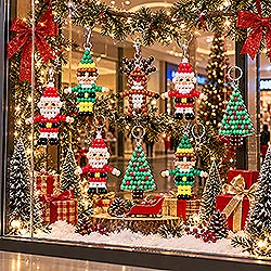 Christmas decorating idea using easy to make pony bead Santa, reindeer, elf and tree characters for holiday window and store displays. Free easy to follow instructions.